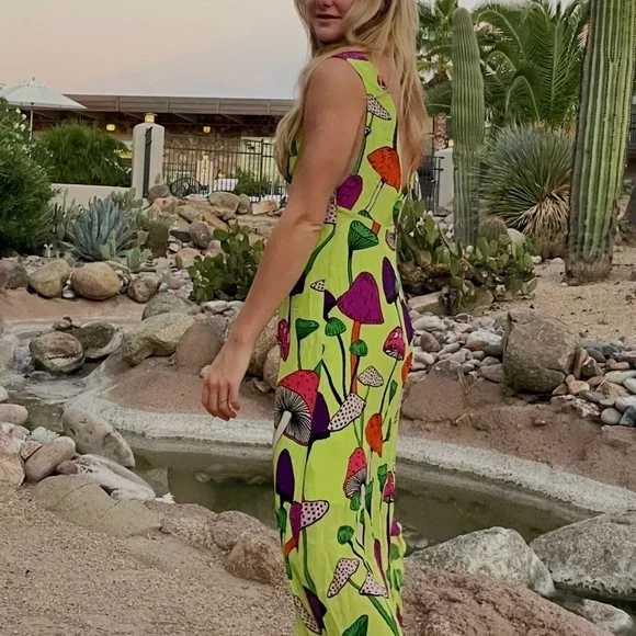 Farm Rio Neon Yellow Mushroom Print Button Front Midi Dress Size XS - Picture 6 of 6